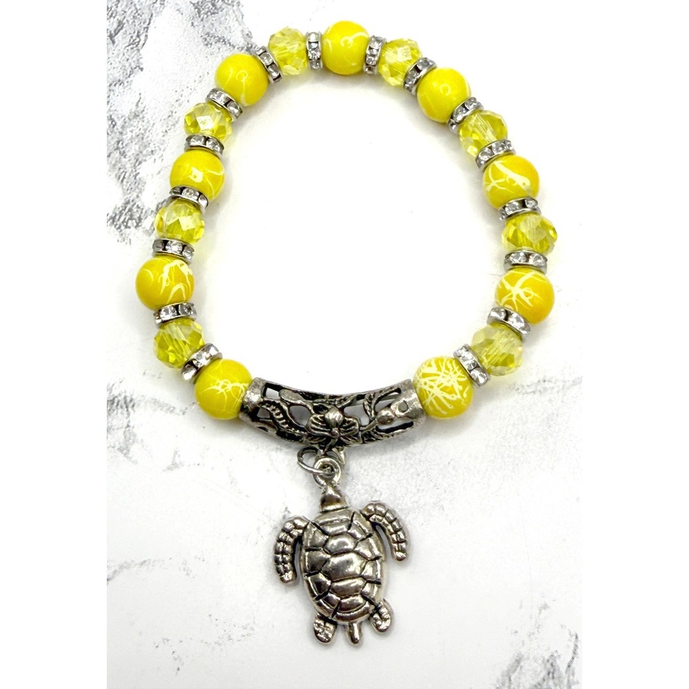 Yellow Glass 8mm Bead Stretch Bracelet Silver Sea Turtle Charm Beach‎ Jewelry